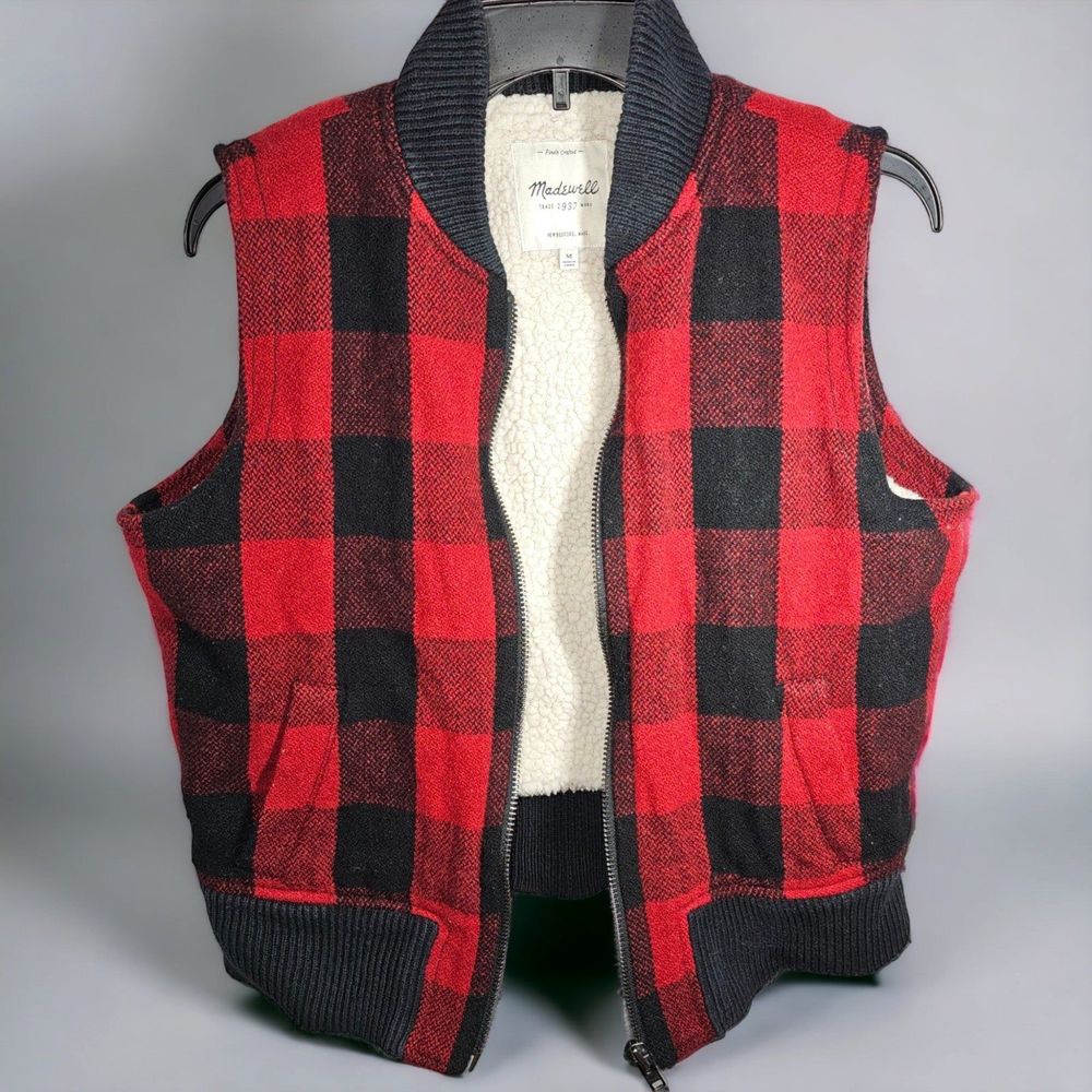 Madewell Wool Vest Women Red Buffalo Plaid Sherpa Lined Cold Weather Size Medium